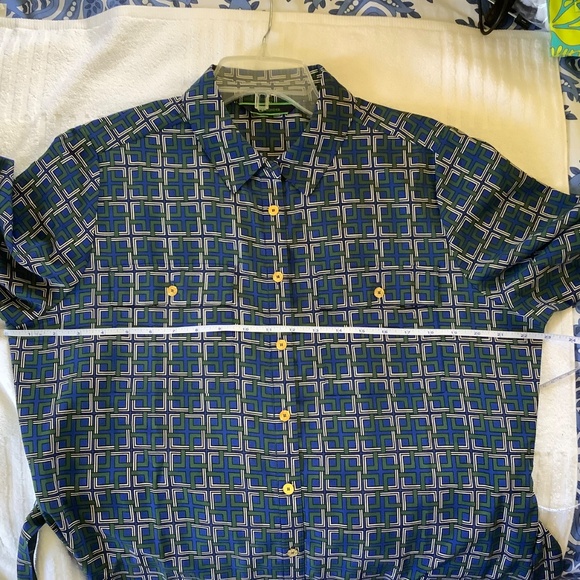 C. Wonder Midi Length Lattice Print Button Front Shirt Dress Blue/Green SZ 14 - Picture 15 of 16